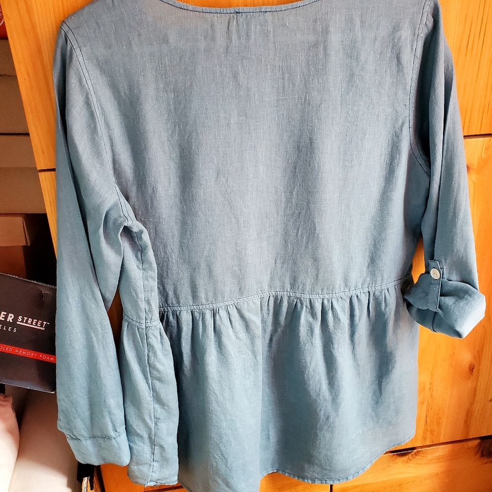Sigrid Olsen Soft Green Linen Long Sleeve Button Front Peplum Top Size Small - Picture 8 of 9